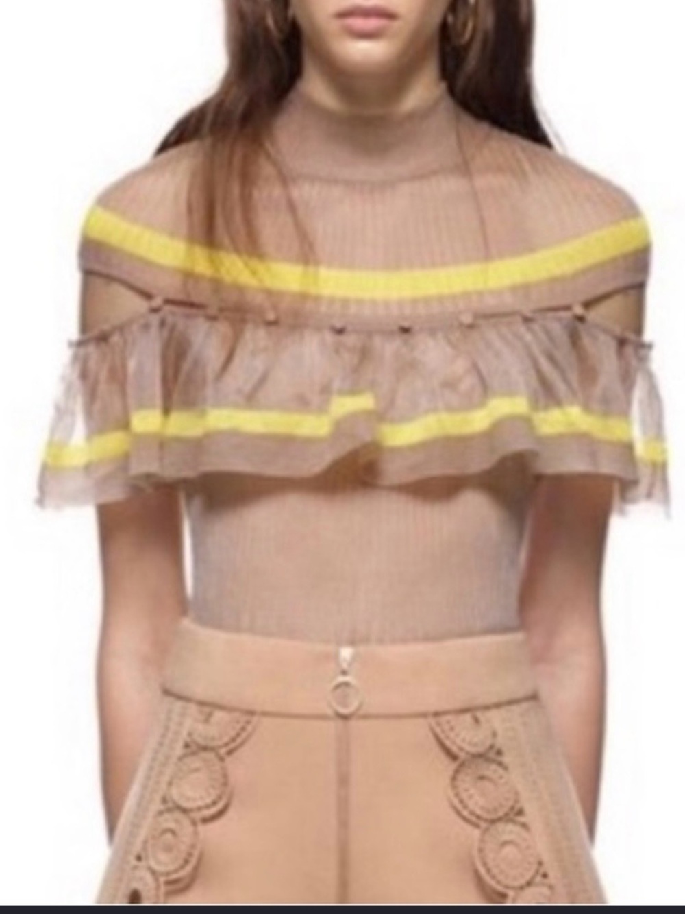 Self-Portrait Beige Sheer Ruffle Off-Shoulder Top with Yellow Trim